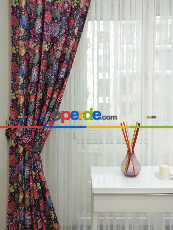 Fil Desenli Etnik Hazır Fon Perde - Kumaşı Kalındır Duck Bezi Değildir- Lacivert-Mavi-Beyaz-Mor-Fuşya