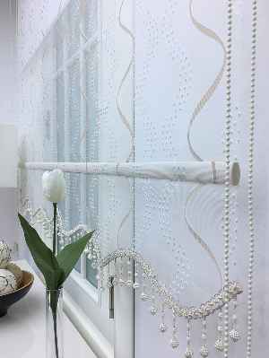 Desenli Çiftli Sistem Tül Stor Perde- Krem-gümüş Simli