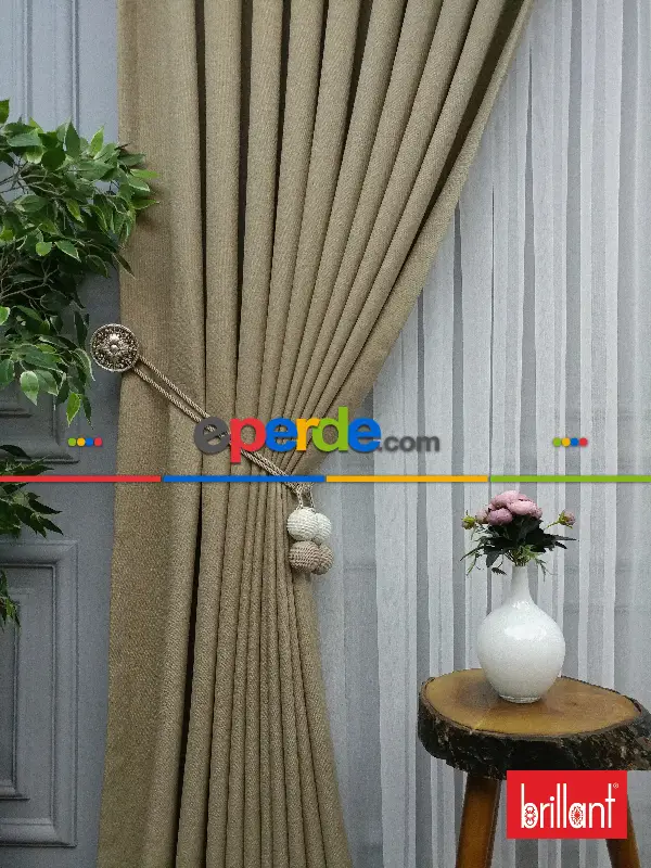 Yatak Odası - Brillant Keten Açık Bej Renk Düz Fon Perde - Bej