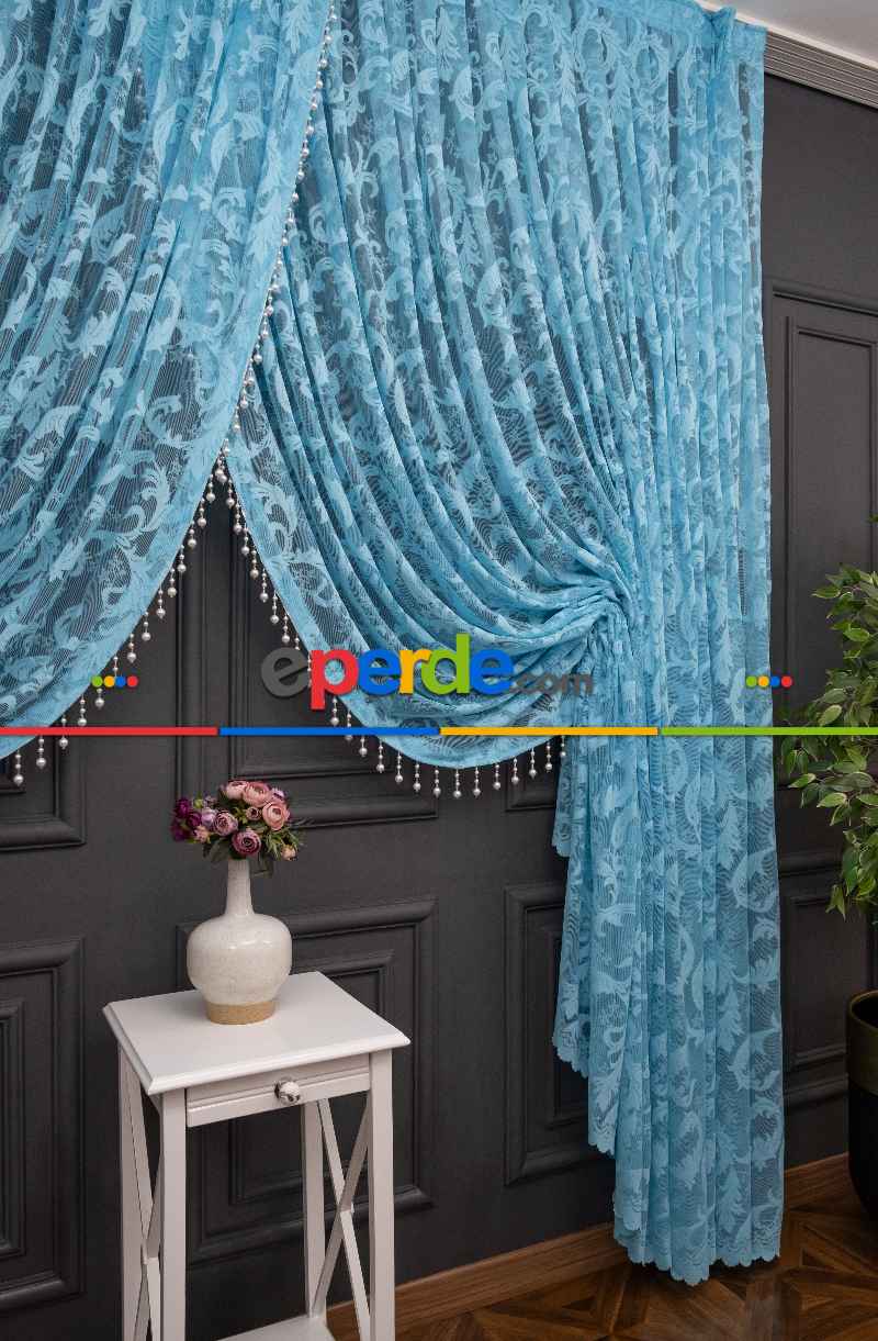 Turkuaz Sarmaşık Desen Şal Model Tül Kruvaze Yanki Tül