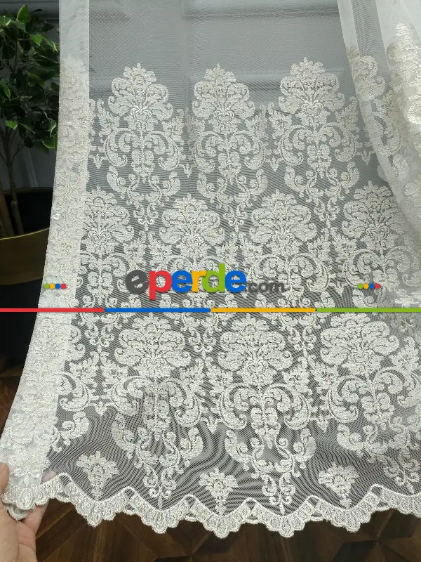 Salon Tül Perde - Eteği Duble Nakış İşlemeli Tül Perde Ikon 2021- Krem