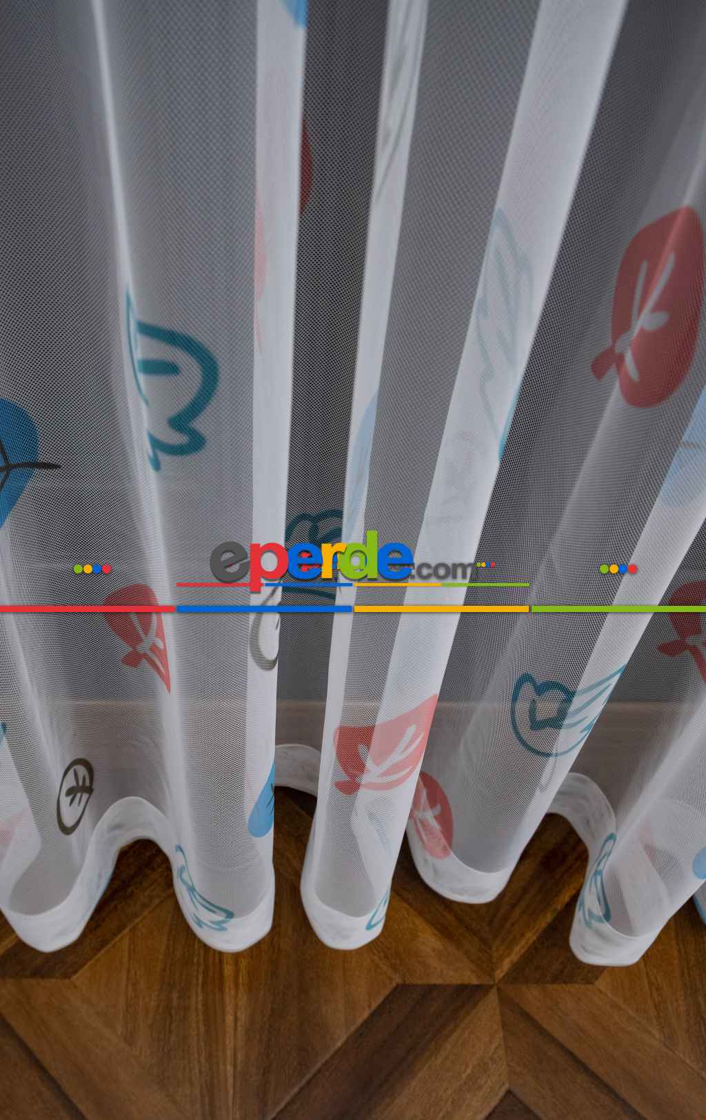 Hazır Ölçülü Petek Zemin Kırmızı Mavi Renkli Yaprak Desenli Grek Baskılı Tül Perde