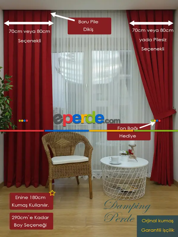 Salon Fon - Kırmızı Düz Fon Perde - Kırmızı