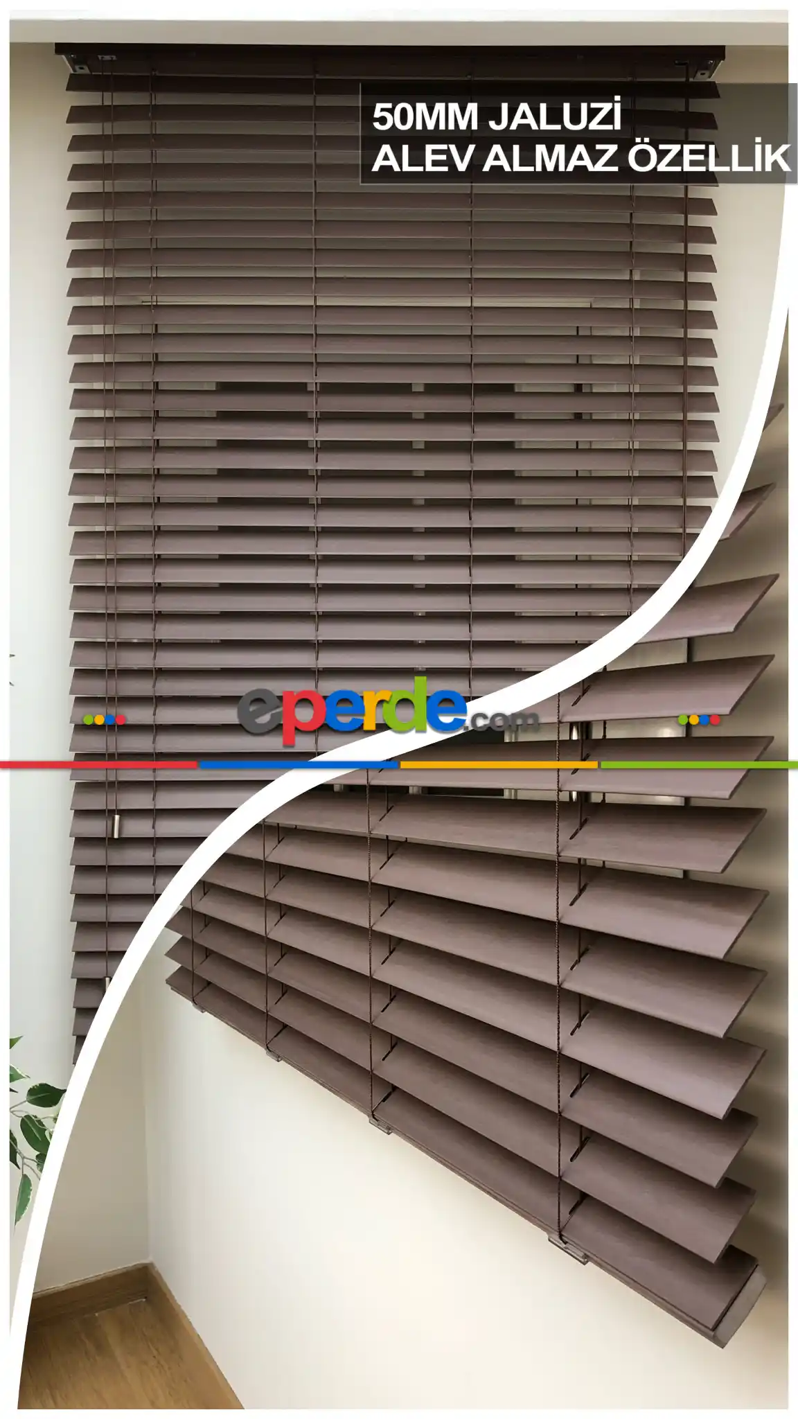 50mm Ahşap Efektli Jaluzi Perde Alev Almaz Özellik- Vizon Rengi