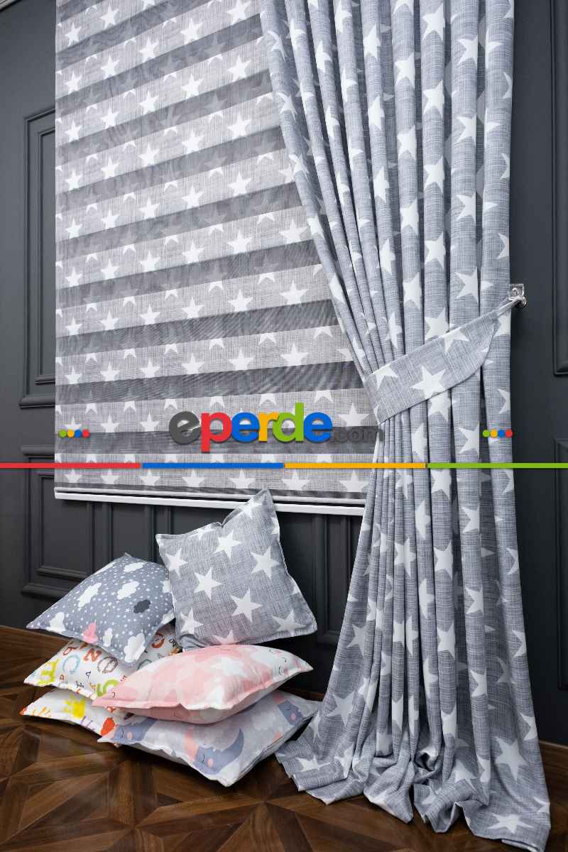 Kız ve Erkek Çocuk Odası Fon Perde - Gri Beyaz