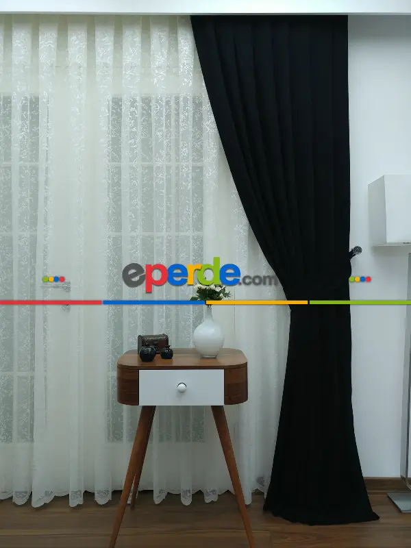 Siyah Düz Sade Mutfak Fon Perde Yan Kanat Perdesi- Siyah
