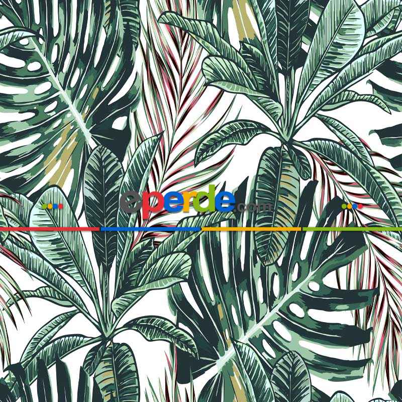 Tropikal Yapraklı Desenli Fon Perde Evm1089kumaşı Kalındır Duck Bezi Değildir- Yeşil-Beyaz