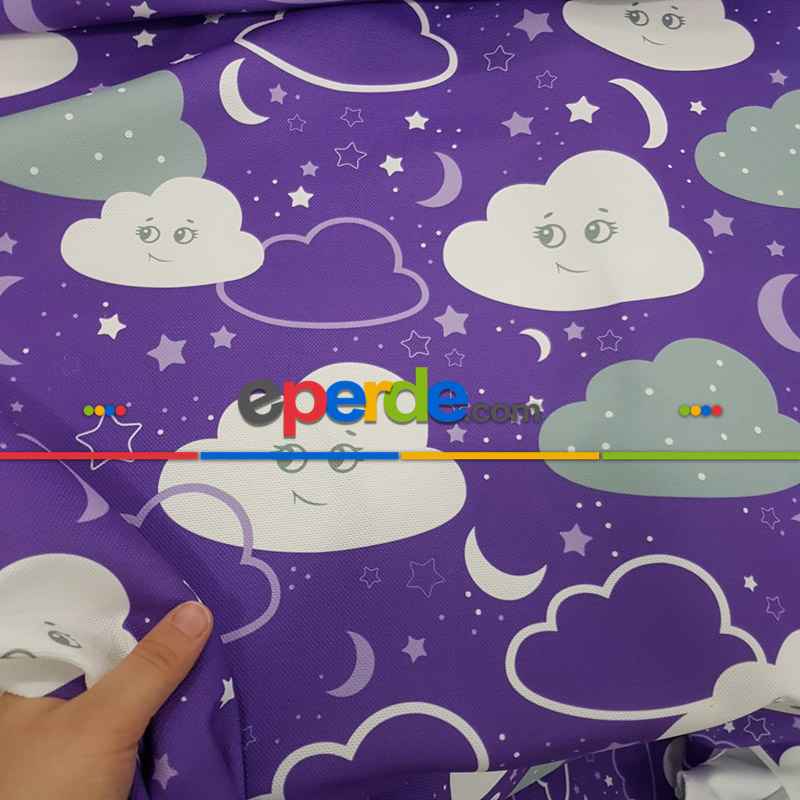 Bulut Desenli Fon Perde Evm683-3 Kumaşı Kalındır Duck Bezi Değildir- Beyaz-Mor-Lila Koyu Lila