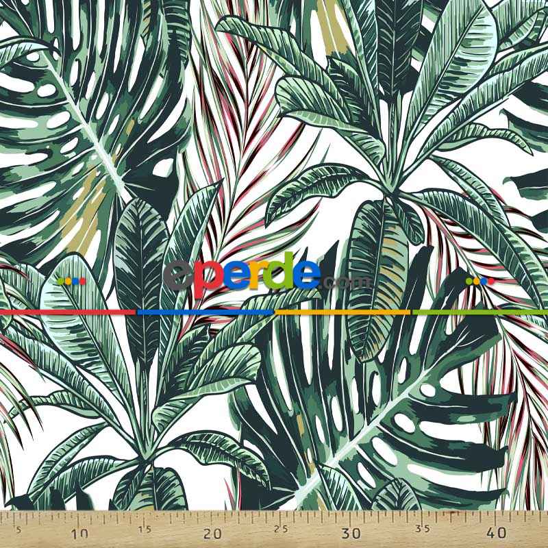Tropikal Yapraklı Desenli Fon Perde Evm1089kumaşı Kalındır Duck Bezi Değildir- Yeşil-Beyaz