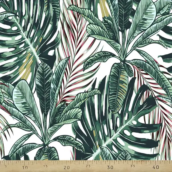 Tropikal Yapraklı Desenli Fon Perde Evm1089kumaşı Kalındır Duck Bezi Değildir- Yeşil-Beyaz
