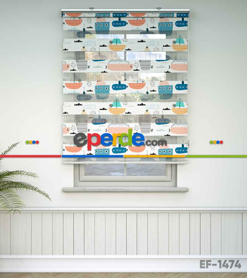 Çocuk Odası Zebra Perde - Gemi Desenli Baskılı Zebra Perde- Çok Renkli