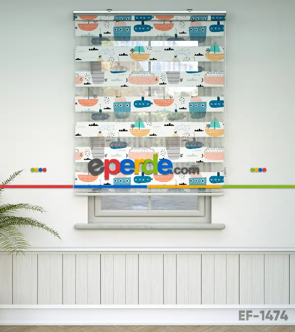 Bebek Odası Zebra Perde - Gemi Desenli Baskılı Zebra Perde- Çok Renkli