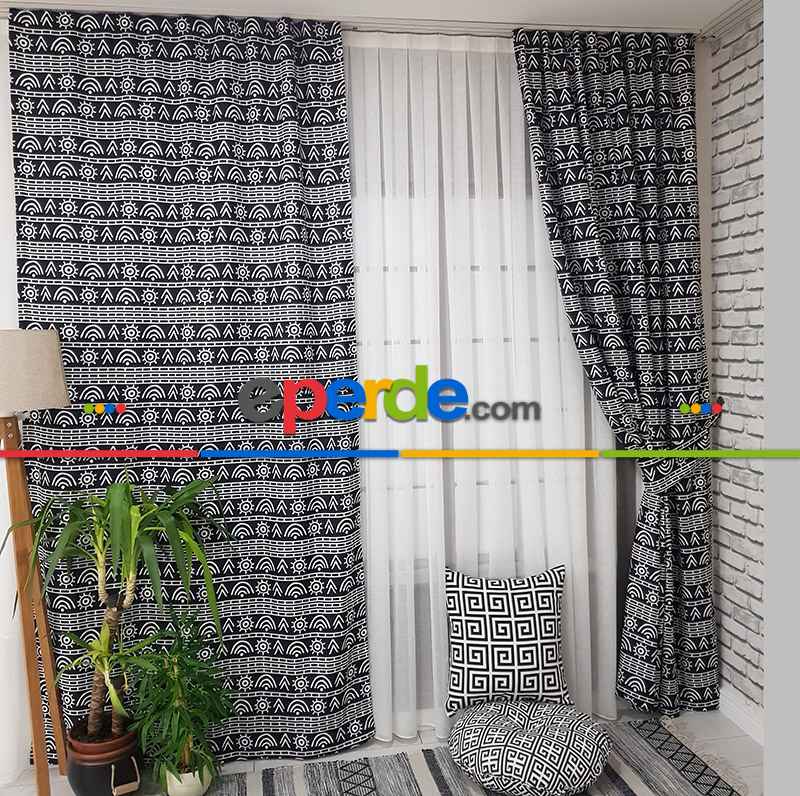 Etnik Desenli Fon Perde Evm1522 Kumaşı Kalındır Duck Bezi Değildir- Siyah