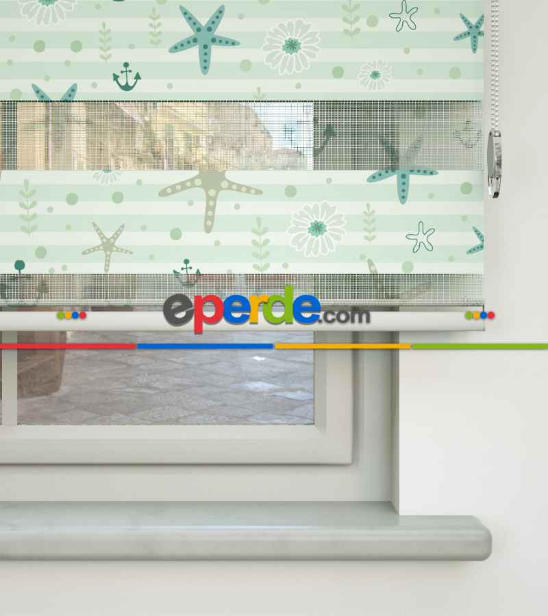 Deniz Yıldızı Baskılı Zebra Perde- Beyaz-turkuaz-su Yeşili