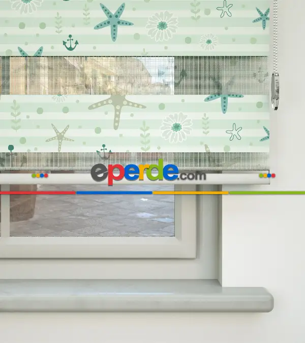 Bebek Odası Zebra Perde - Deniz Yıldızı Baskılı Zebra Perde- Beyaz-Turkuaz-Su Yeşili