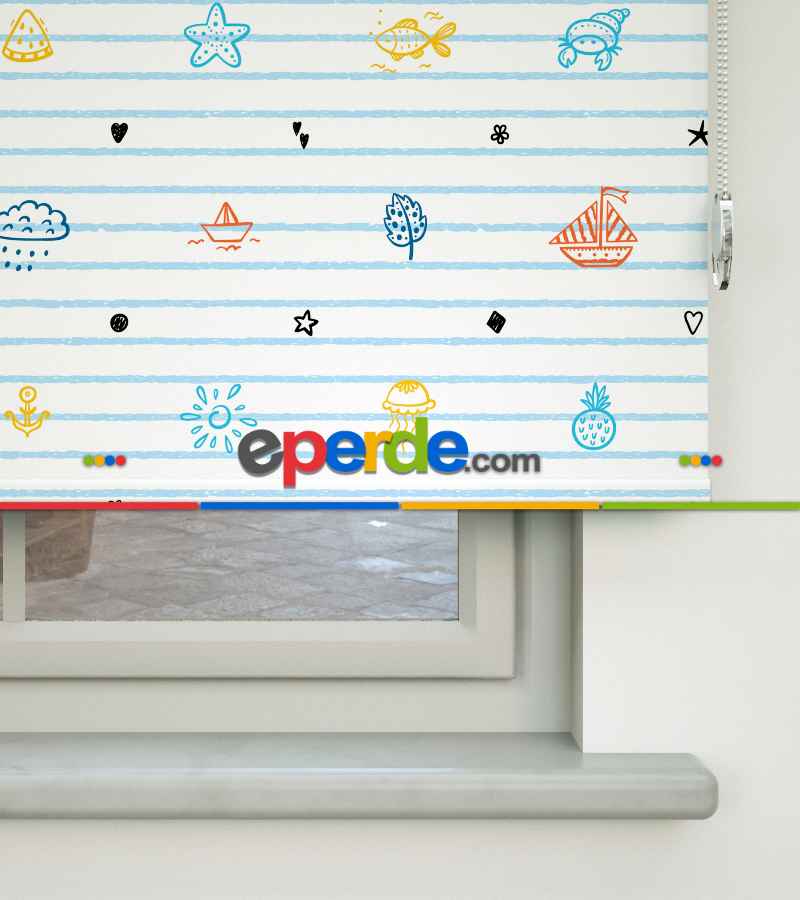 Çocuk Odası Stor Perde - Denizci Desenli Baskılı Stor Perde- Çok Renkli
