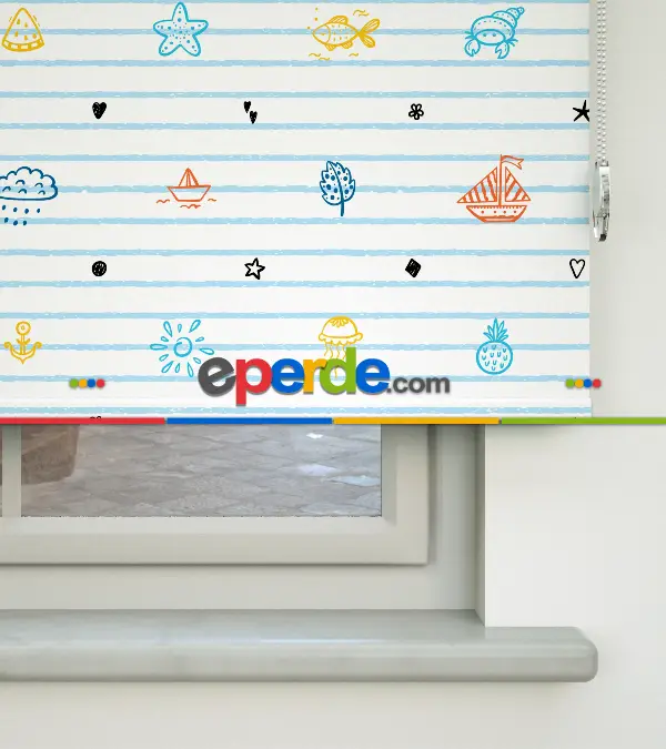 Bebek Odası - Denizci Desenli Baskılı Stor Perde- Çok Renkli