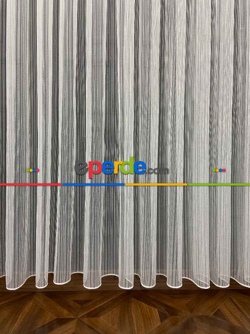 Salon - Boyuno Çizgili Zincir Tül Perde Ekru Renk Kırık Beyaz- Ekru