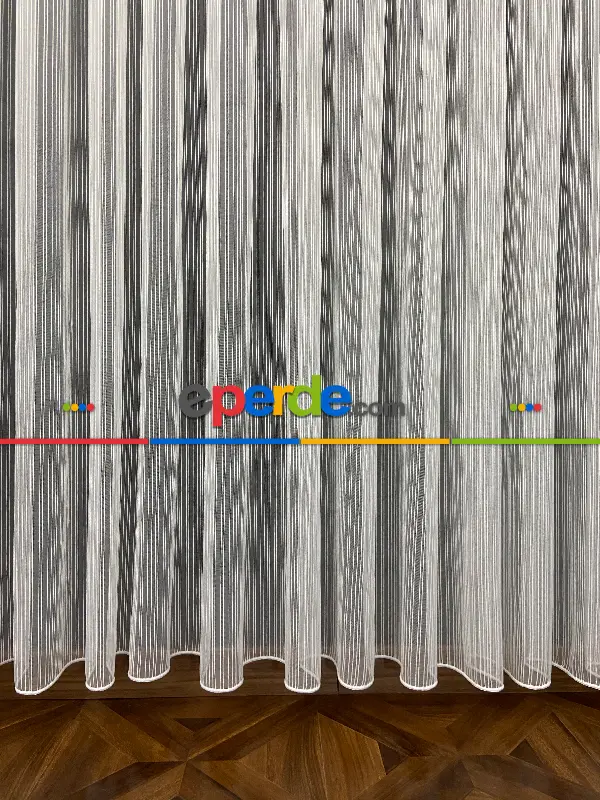 Yatak Odası - Boyuno Çizgili Zincir Tül Perde Ekru Renk Kırık Beyaz- Ekru