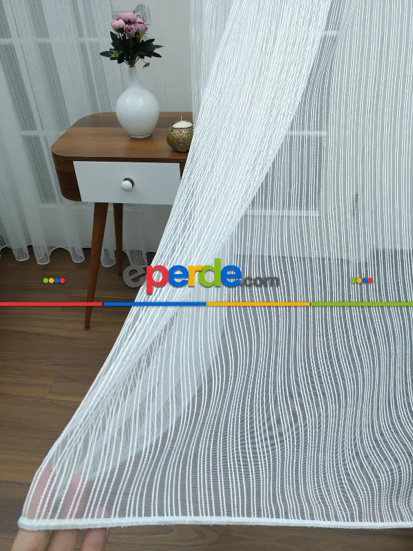 Mutfak - Ekru - Boyuna Çizgili İp Tül Perde- Ekru - Kurşunlu Tül