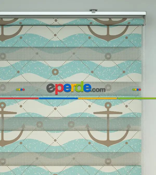 Çocuk Odası Zebra Perde - Çapa Baskılı Zebra Perde- Beyaz-Krem-Turkuaz-Kahve