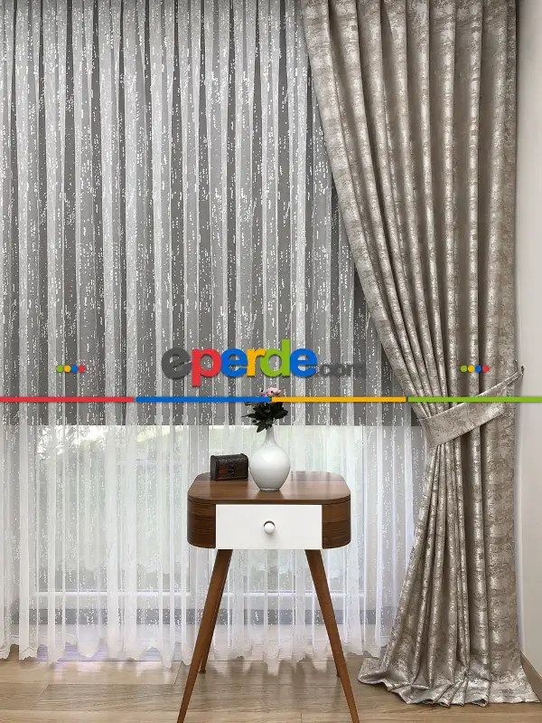 Bej - Katyonik Jakar Fon Perde- Bej