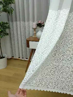 Papatya Desenli Örme Tül Perde 2022 Model- Ekru