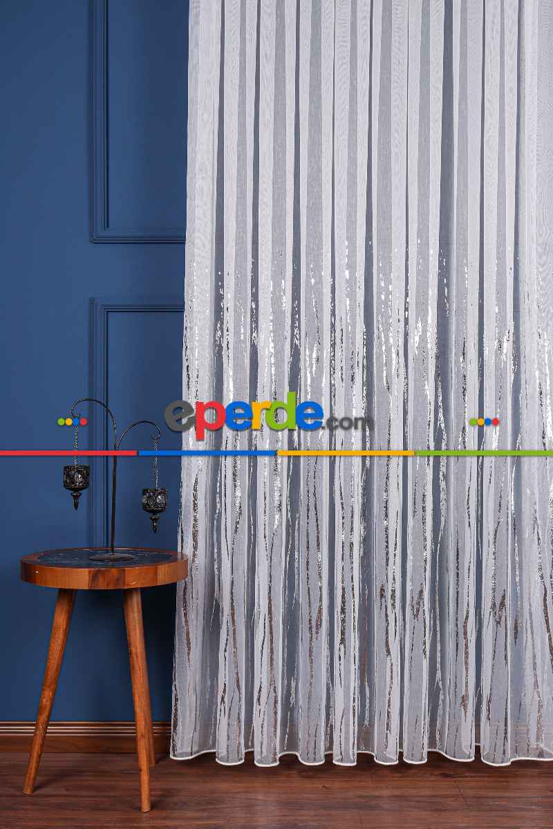 Salon Tül - Akarsu Dijital Baskı Tül Perde Ekru-gümüş