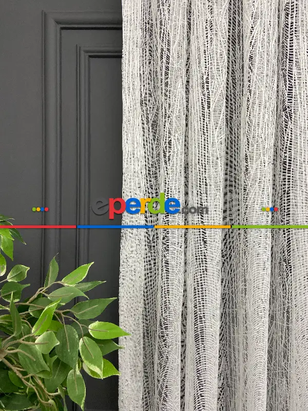 Oturma Odası - Spor Desen Çizgili Fransız Dantel Tül- Ekru