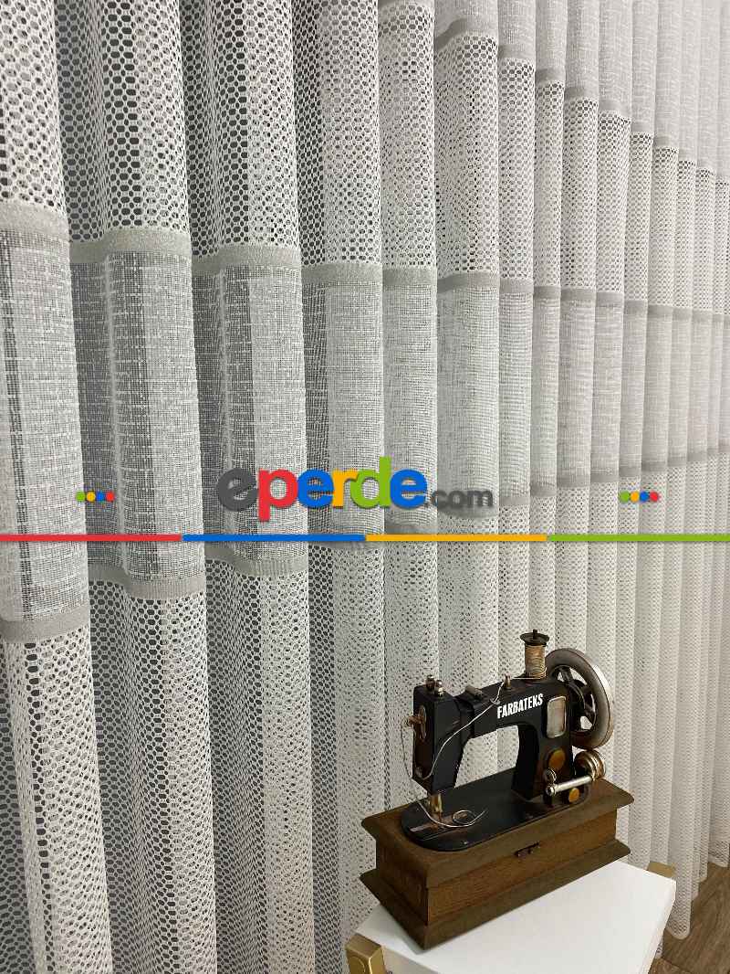 Gri Çizgili Tül Perde - Spor Desenli - Tül Perde - Örme Tül Perde - Ütü İstemeyen