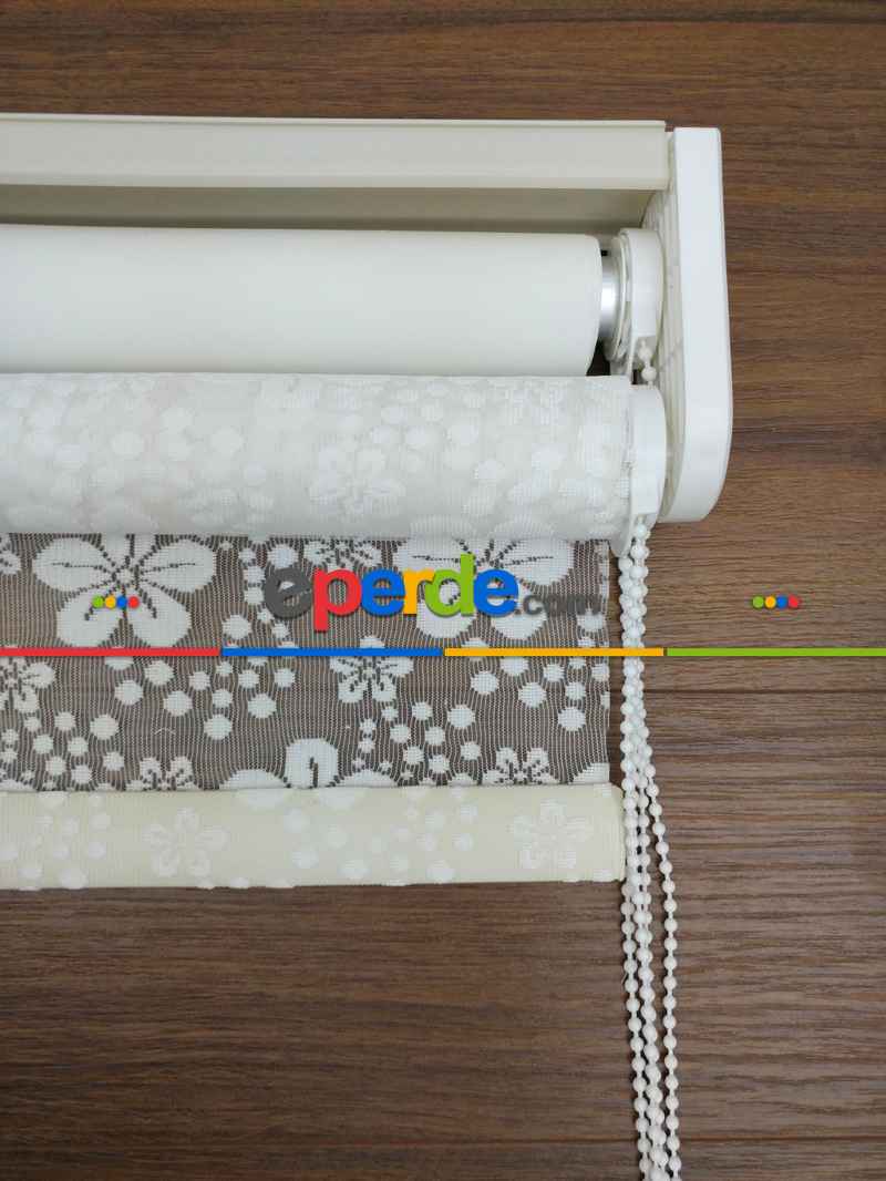 Yatak Odası - Jakar Örme Tül-feray 801 Ekru Çiftli Sistem Dantel Desenli Perde- Ekru