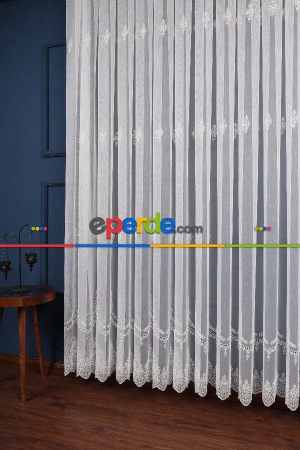 Salon Tül - Kolye Tt Zemin Brode Nakış İşlemeli Tül Perde