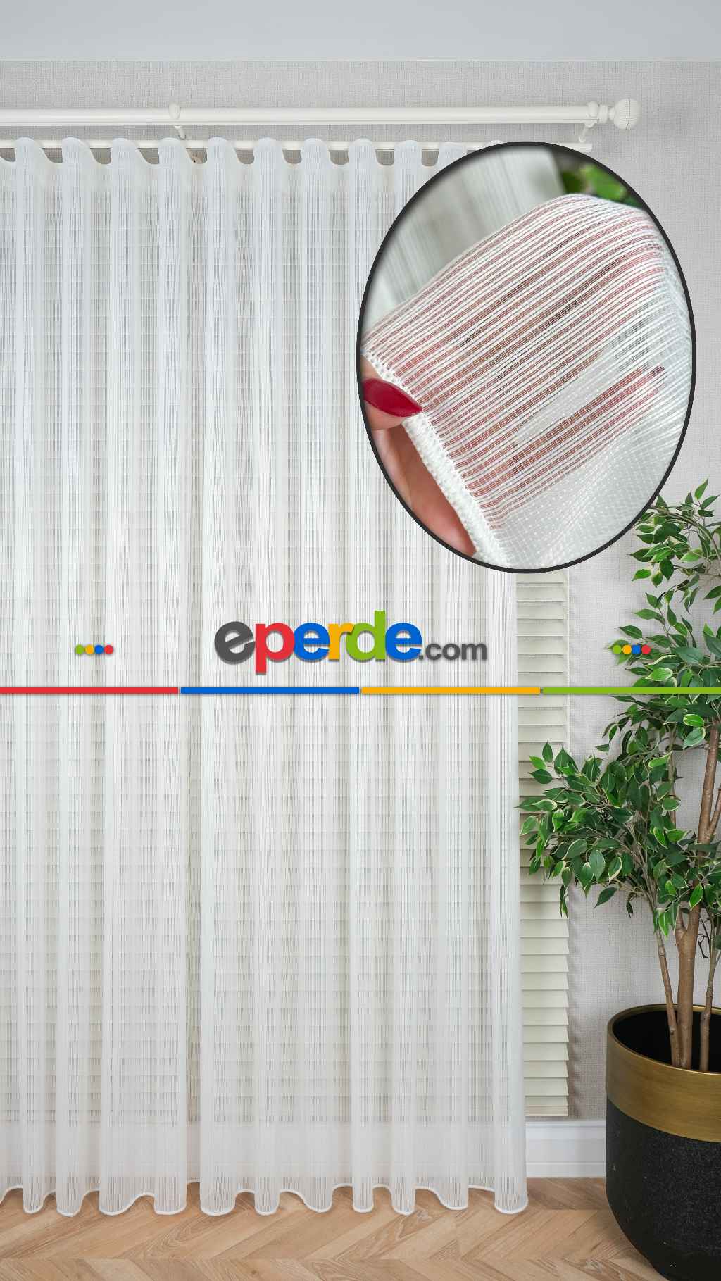 Ekru Çizgili Tül Perde, Ağır Gramajlı Premium Seri, Kurşunlu Etek