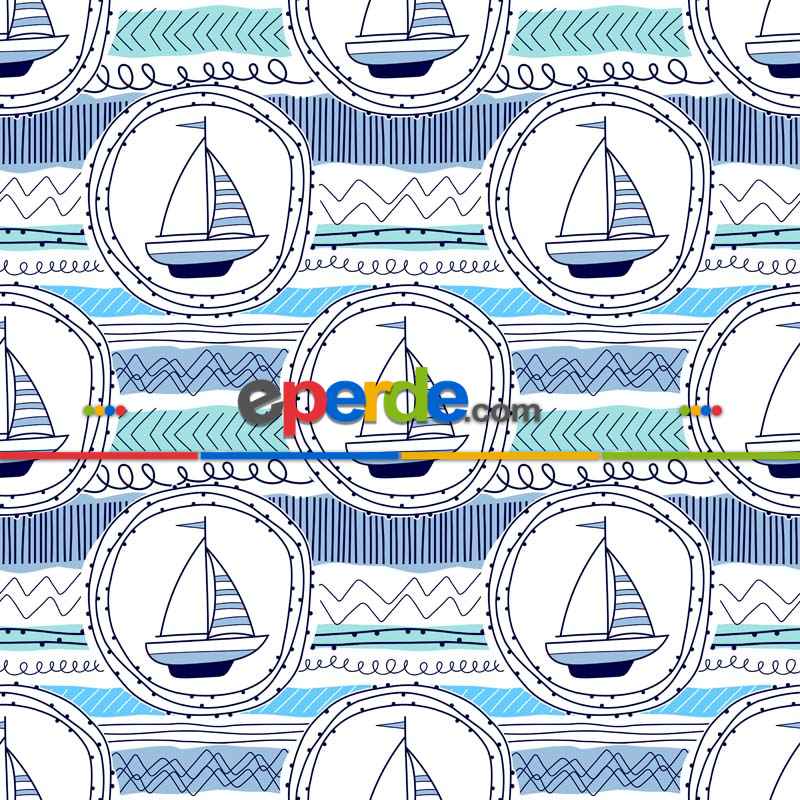 Bebek Odası Fon - Marine Desenli Fon Perde Evm791 Kumaşı Kalındır Duck Bezi Değildir- Mavi