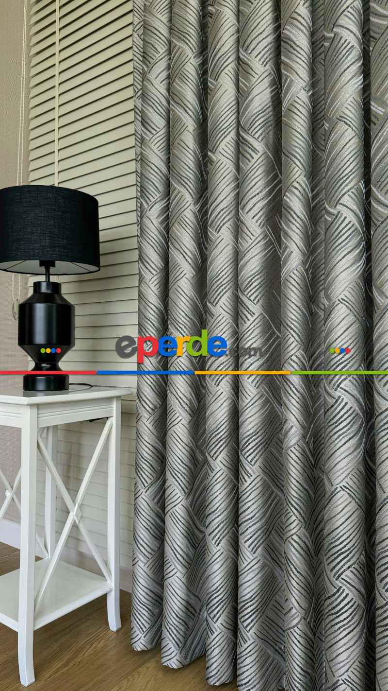 Gri / Petrol Yeşil Çizgili Desen Premium Jakar Dokuma Fon Perde