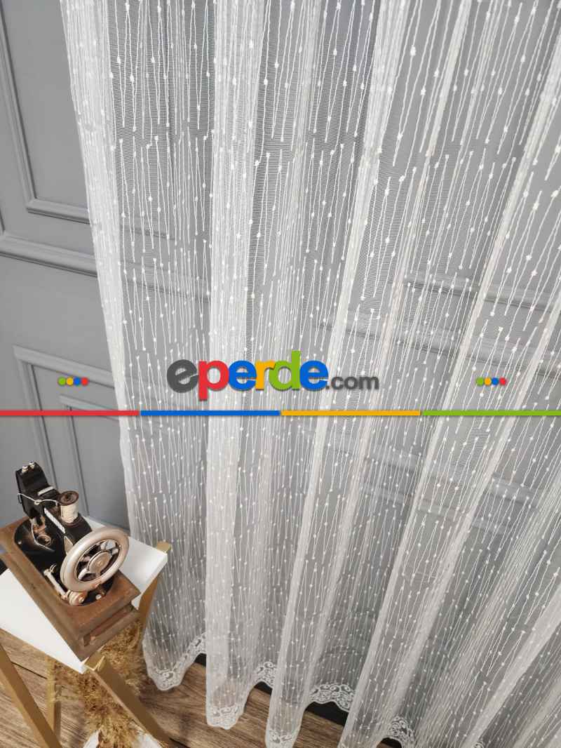 Taç - Brode İşlemeli Tül Perde - Yeni Nokta Çizgi Desenli - İşlemeli Nakışlı Tül Perde - Spor Desen