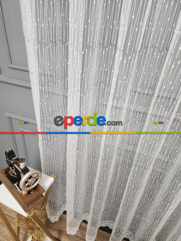 Taç - Brode İşlemeli Tül Perde - Yeni Nokta Çizgi Desenli - İşlemeli Nakışlı Tül Perde - Spor Desen