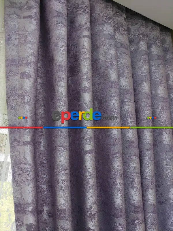 Patinedesenli Lila - Katyonik Jakar Fon Perde- Lila