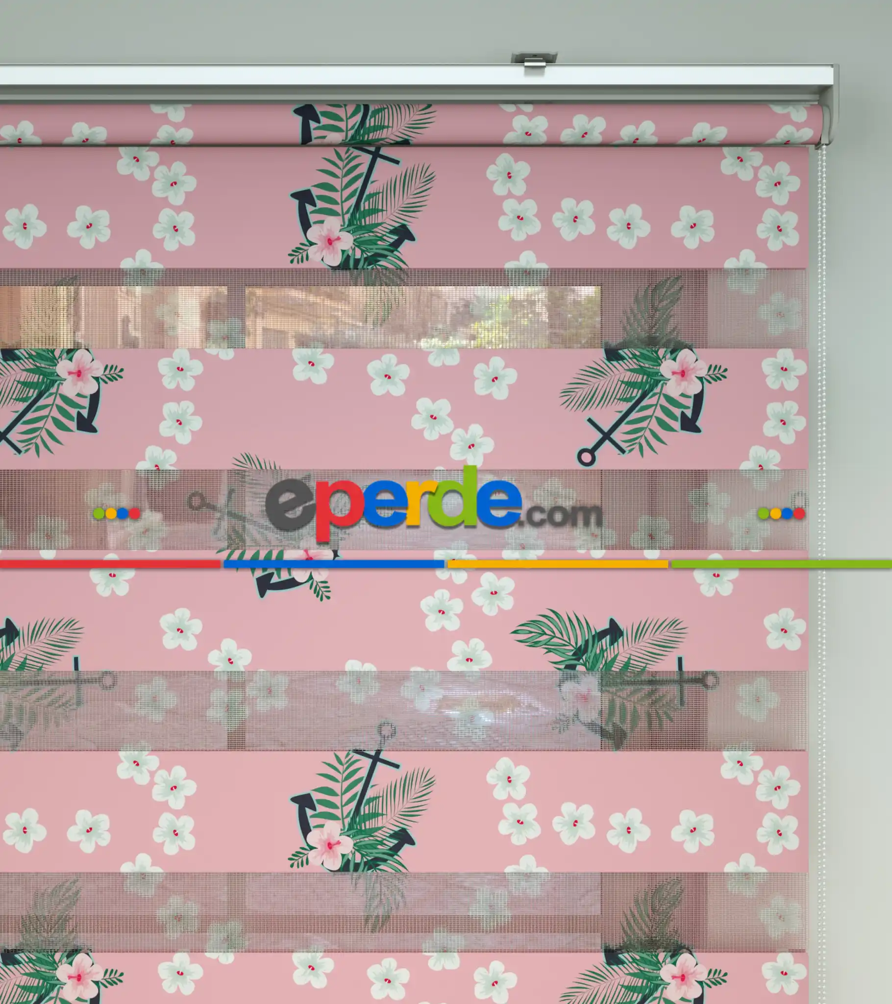 Bebek Odası Zebra Perde - Gemici Baskılı Zebra Perde- Beyaz-Pembe-Su Yeşili