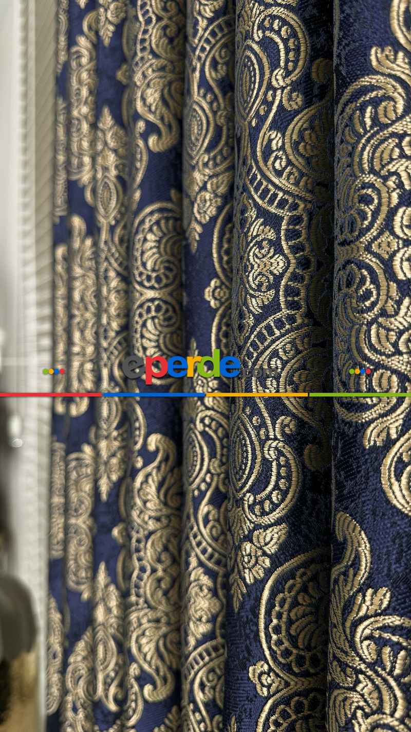 Lacivert Altın Fon Perde, Pano Damask Desenli