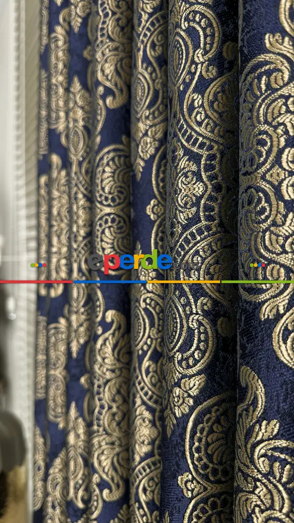 Lacivert Altın Fon Perde, Pano Damask Desenli