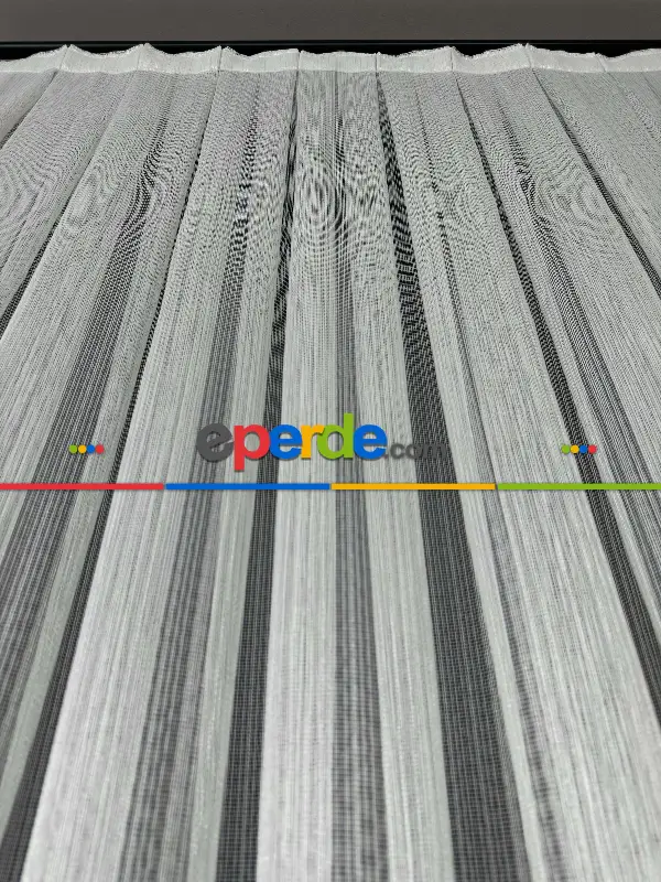 Yatak Odası Ekru Zincir Çizgili Desen Tül Perde - Yüksek Kalite Kurşunlu Tül