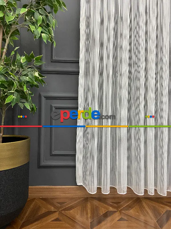 Yatak Odası - Boyuno Çizgili Zincir Tül Perde Ekru Renk Kırık Beyaz- Ekru