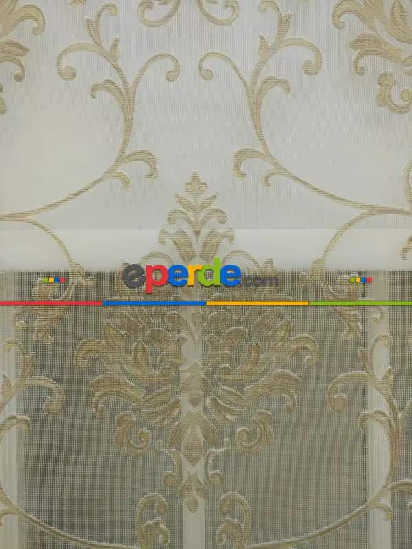 Yatak Odası - Yakma Tül Stor - Çiftli Sistem Desenli Perde (burn Out)- Nohut Rengi-açık Vizon