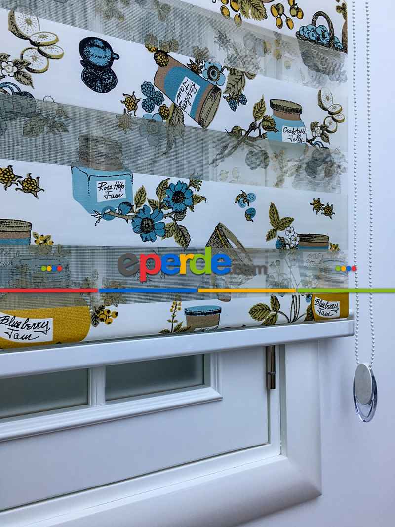 Zebra Perde- Kavanoz Baskılı Zebra Perde- Mavi Açık