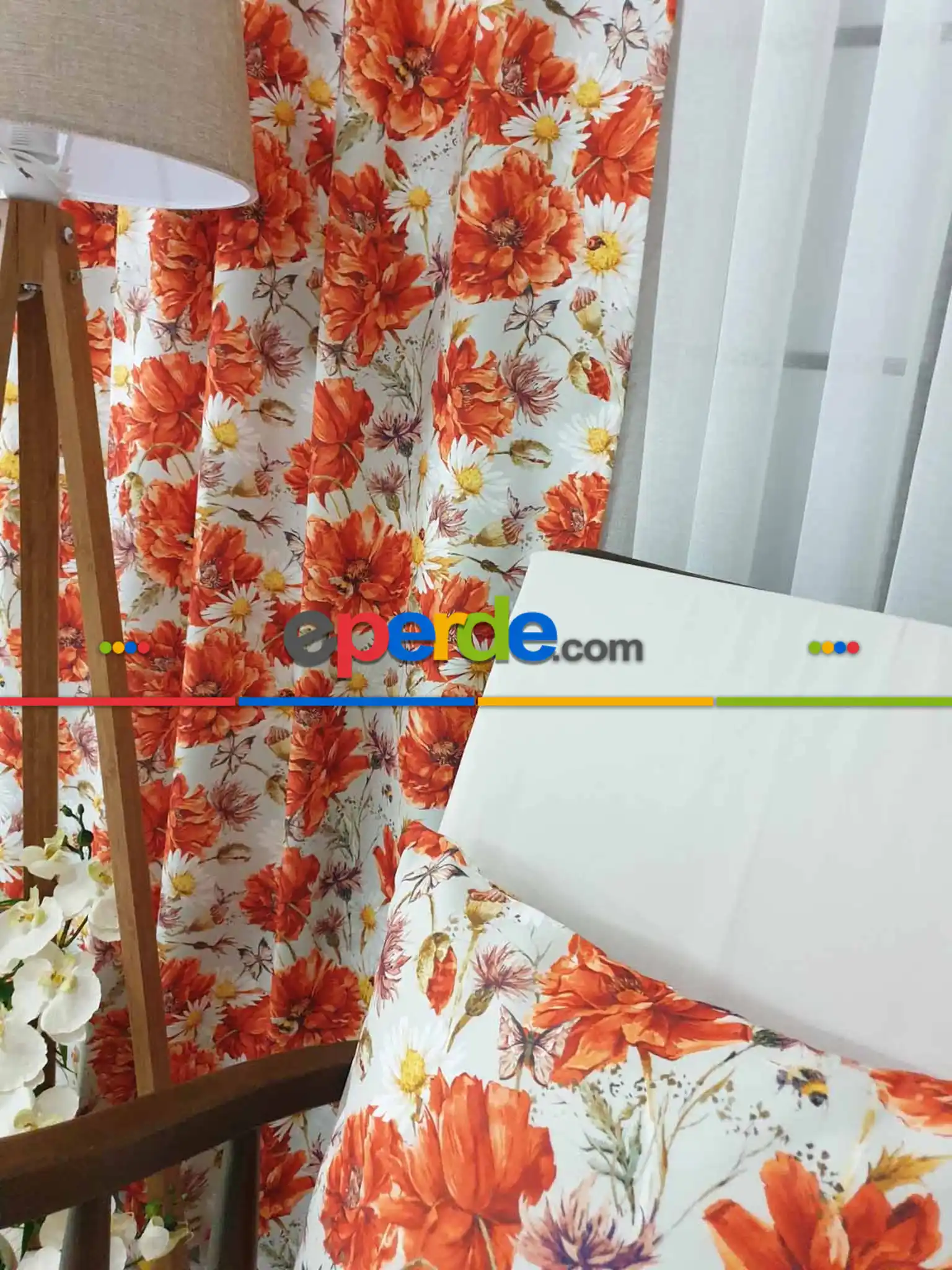 Turuncu Çiçek Desenli Fon Perde Evm645 Kumaşı Kalındır Duck Bezi Değildir- Sarı-beyaz-turuncu