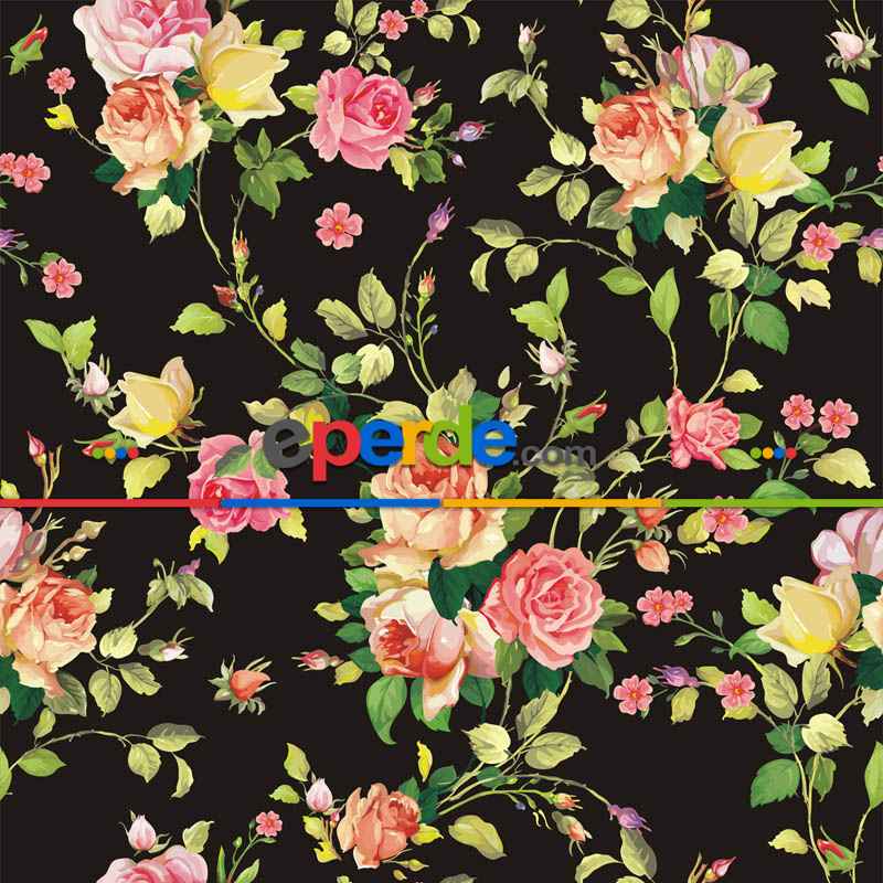 Çiçek Desenli Fon Perde Evm1091 Kumaşı Kalındır Duck Bezi Değildir- Siyah-Yeşil-Gül Pembe