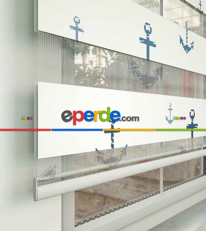 Bebek Odası Zebra Perde - Çapa Desen Baskılı Zebra Perde- Çok Renkli