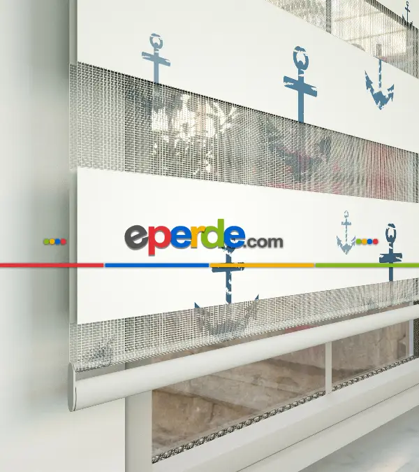 Bebek Odası Zebra Perde - Çapa Desen Baskılı Zebra Perde- Çok Renkli