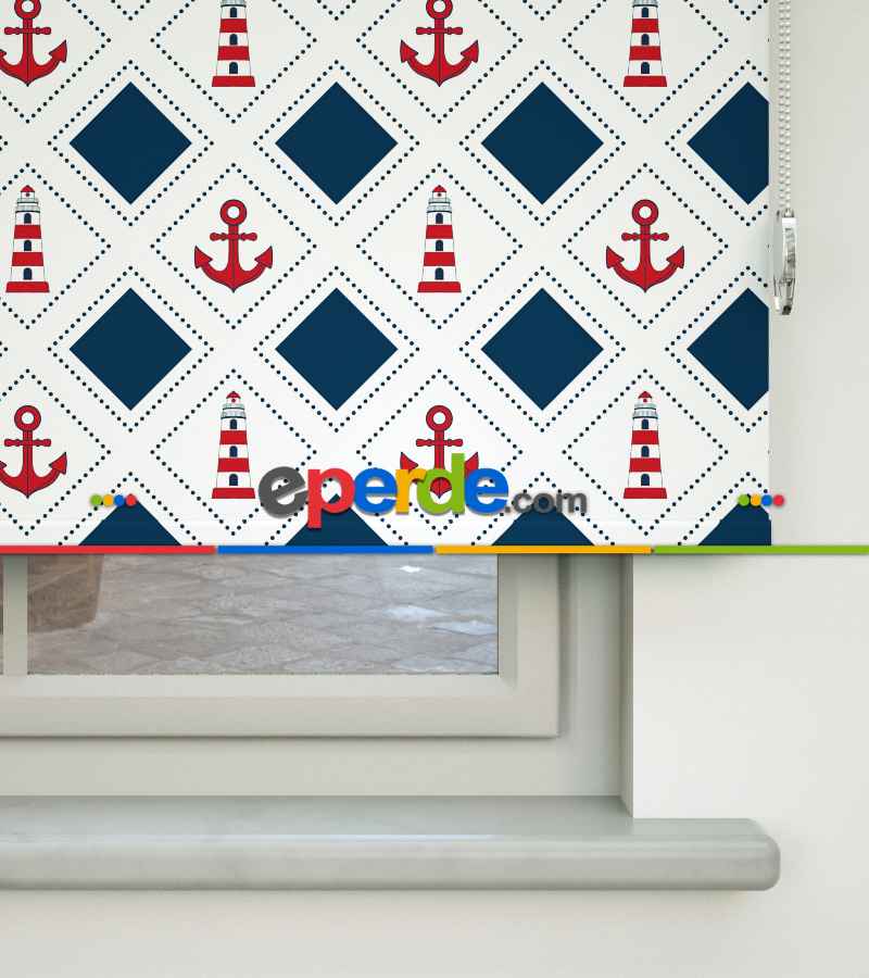 Çapa Desenli Baskılı Stor Perde- Lacivert-kırmızı-çok Renkli